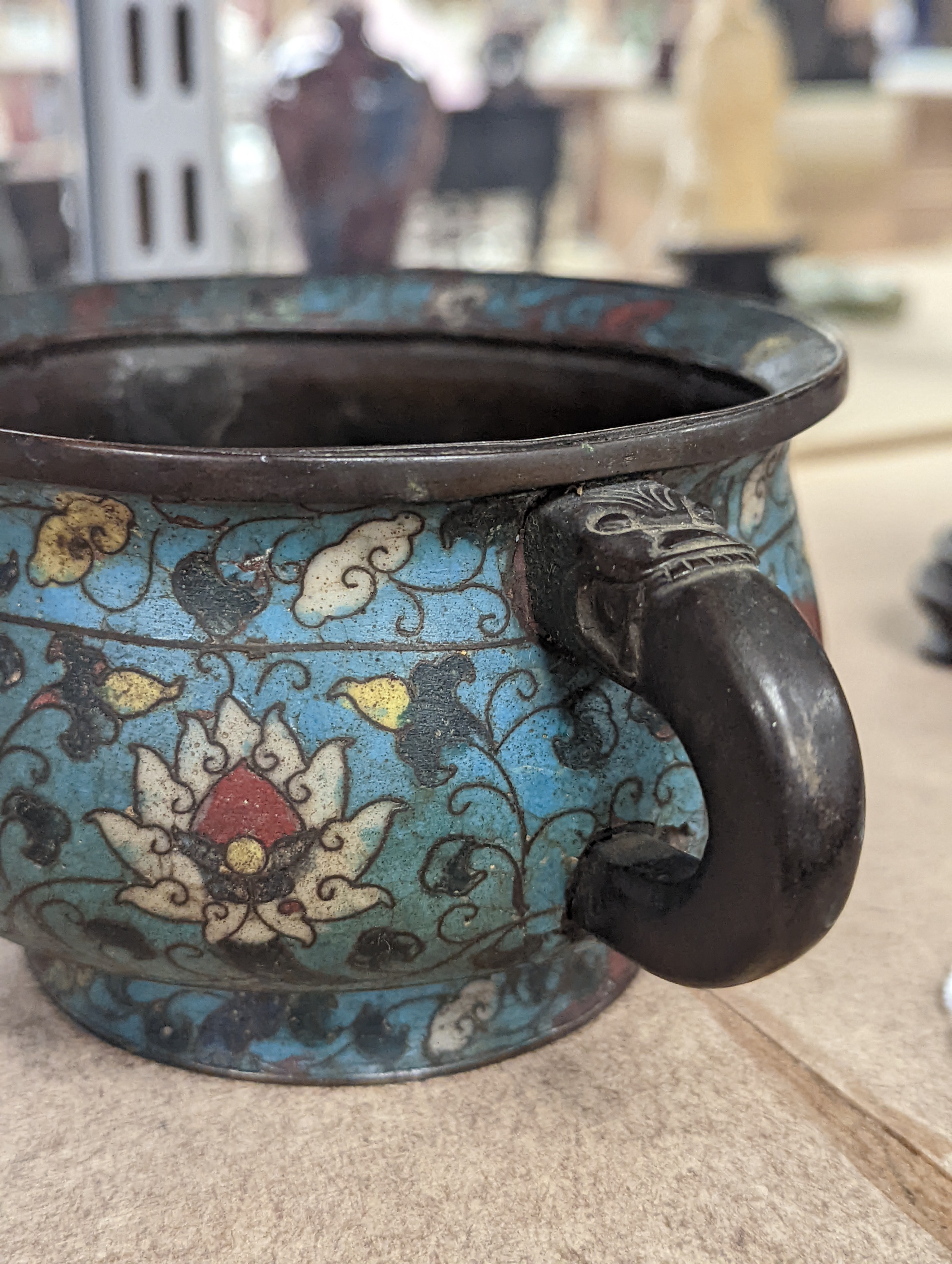 A Chinese late Ming dynasty bronze and cloisonné enamel ding censer 18cm